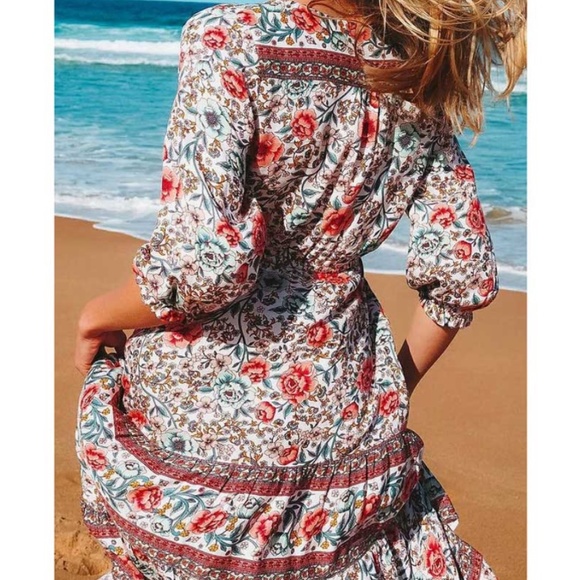 Bohemian floral print ruffle v neck midi Dress Cottage core - Picture 3 of 7